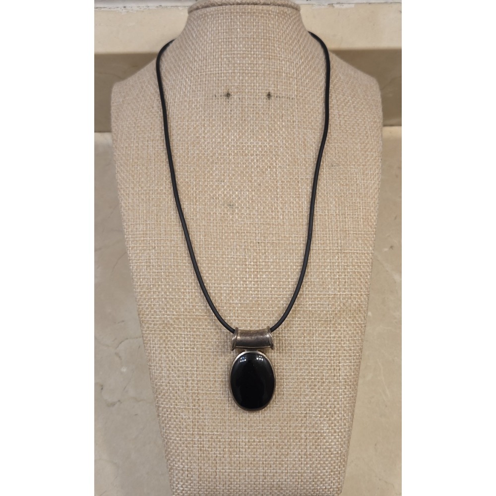 Vintage Sterling Silver Black Onyx Slide Pendant Leather & Sterling Necklace 18"